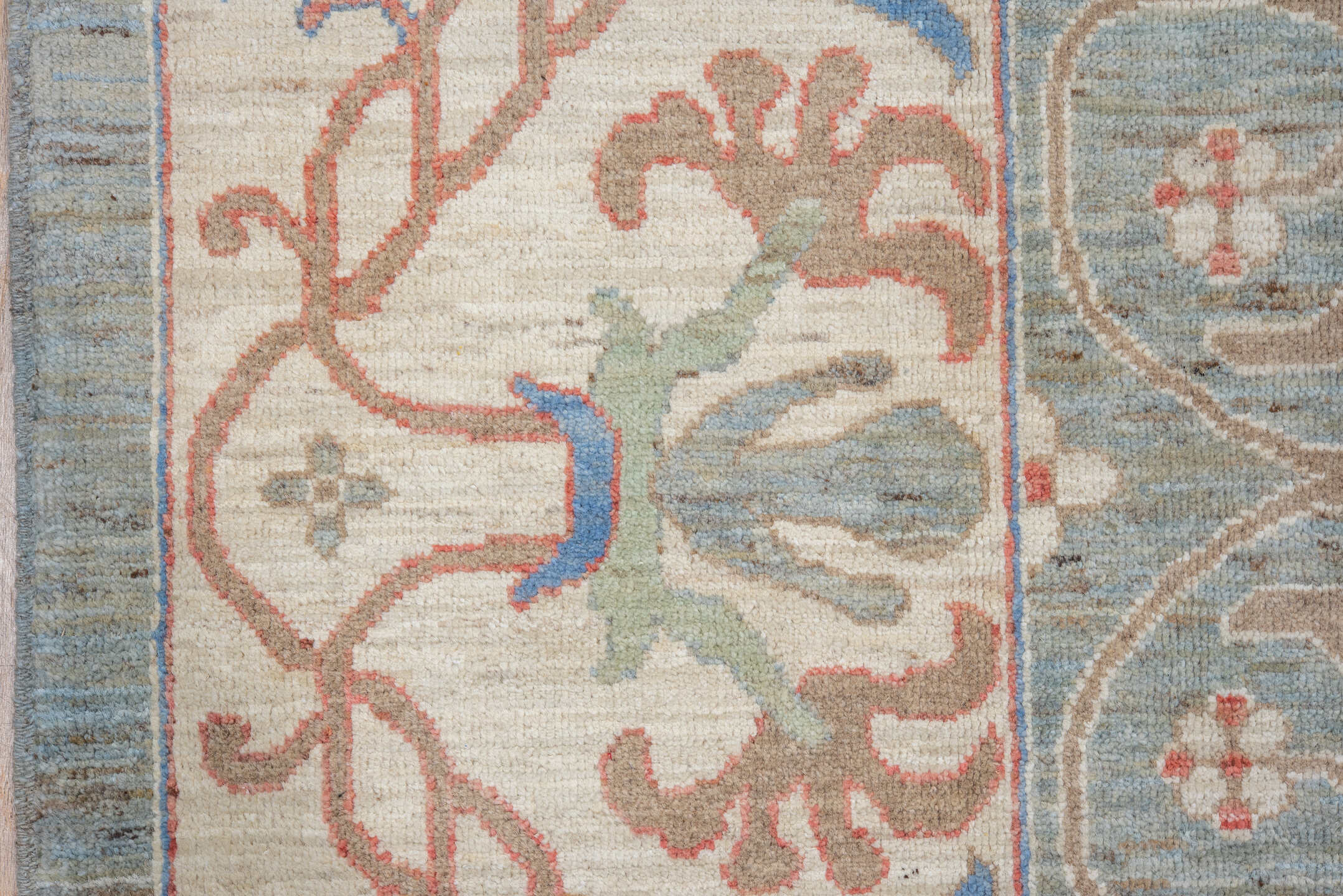 9' x 11' one-of-a-kind handmade vintage Tulu large size rug. Color palette: sage, ivory, taupe, sky_blue, rust, beige