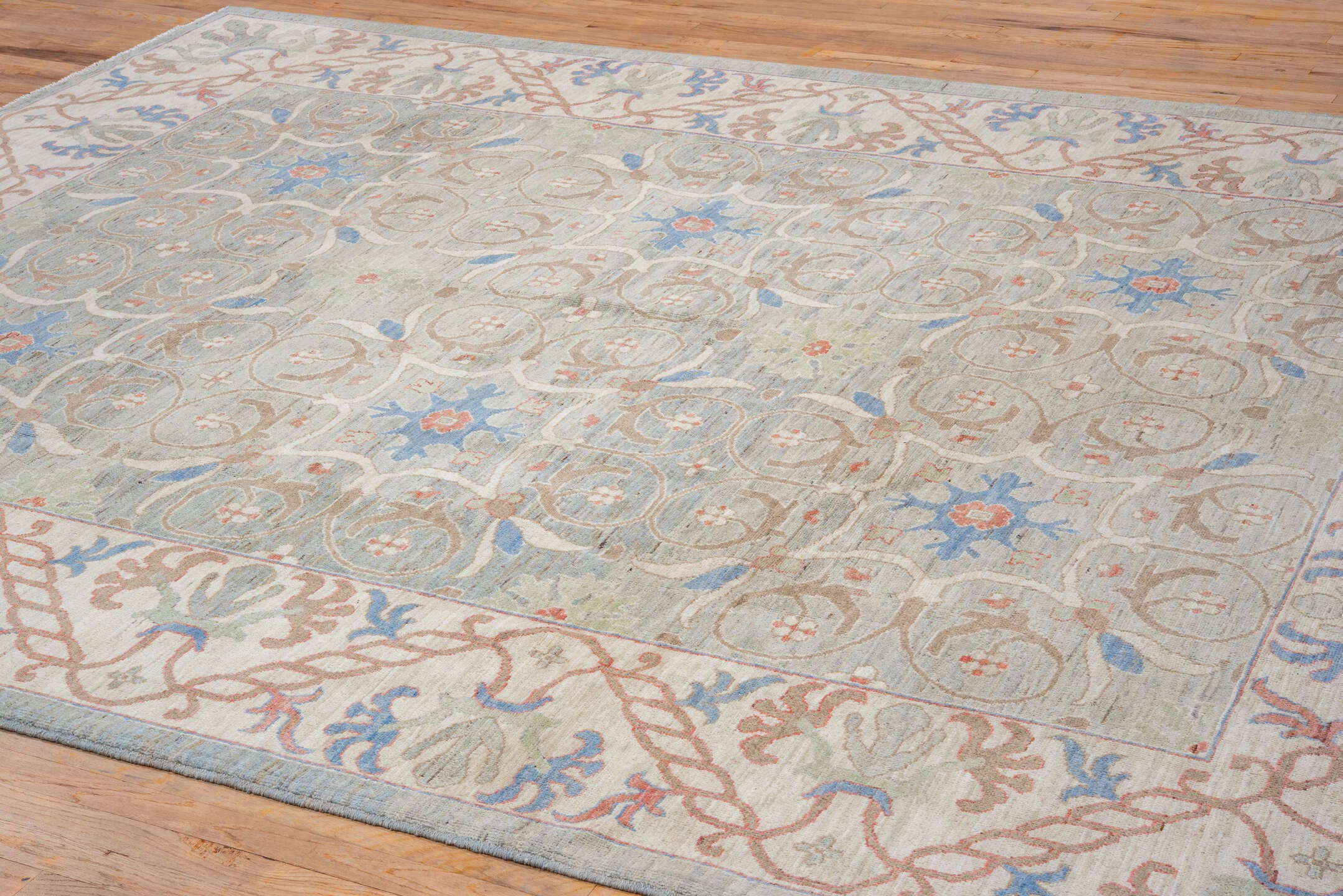 9' x 11' one-of-a-kind handmade vintage Tulu large size rug. Color palette: sage, ivory, taupe, sky_blue, rust, beige