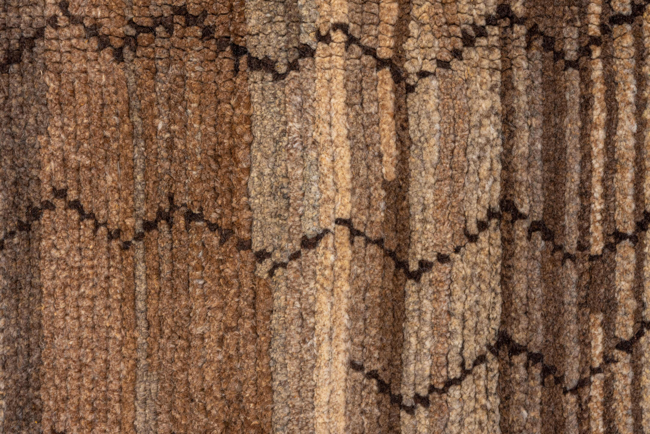 8' x 9' one-of-a-kind handmade vintage Tulu rug. Color palette: taupe, brown, camel, charcoal, beige, gray, black