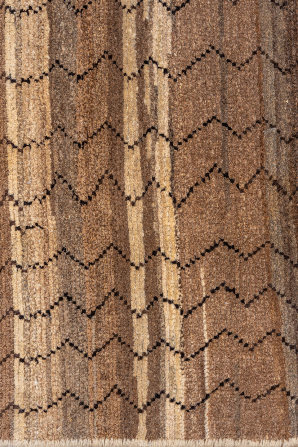 8' x 9' one-of-a-kind handmade vintage Tulu rug. Color palette: taupe, brown, camel, charcoal, beige, gray, black