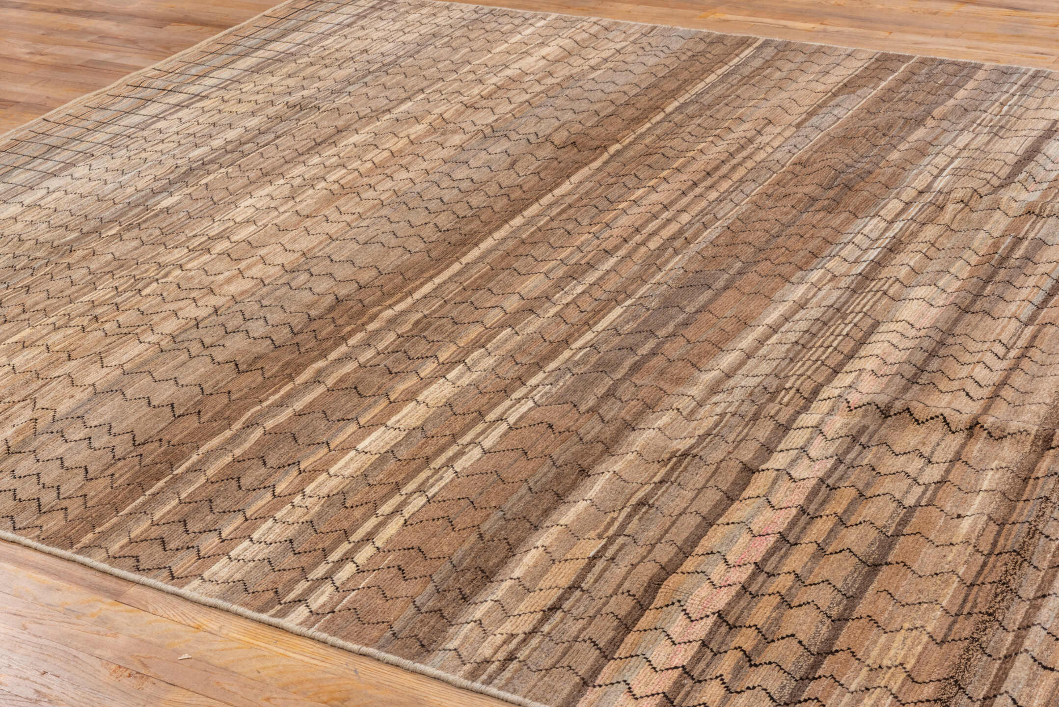 8' x 9' one-of-a-kind handmade vintage Tulu rug. Color palette: black, brown, gray, off-white, orange, pink, snow, white