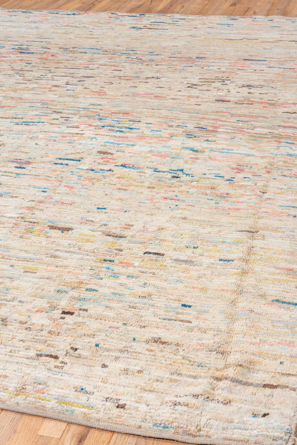 10' x 12' one-of-a-kind handmade vintage Tulu large size rug. Color palette: ivory, beige, coral, sky blue, taupe, brown