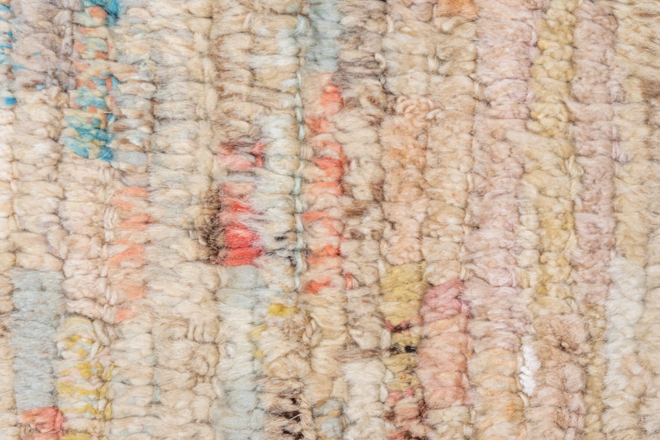 10' x 12' one-of-a-kind handmade vintage Tulu large size rug. Color palette: ivory, beige, coral, sky blue, taupe, brown