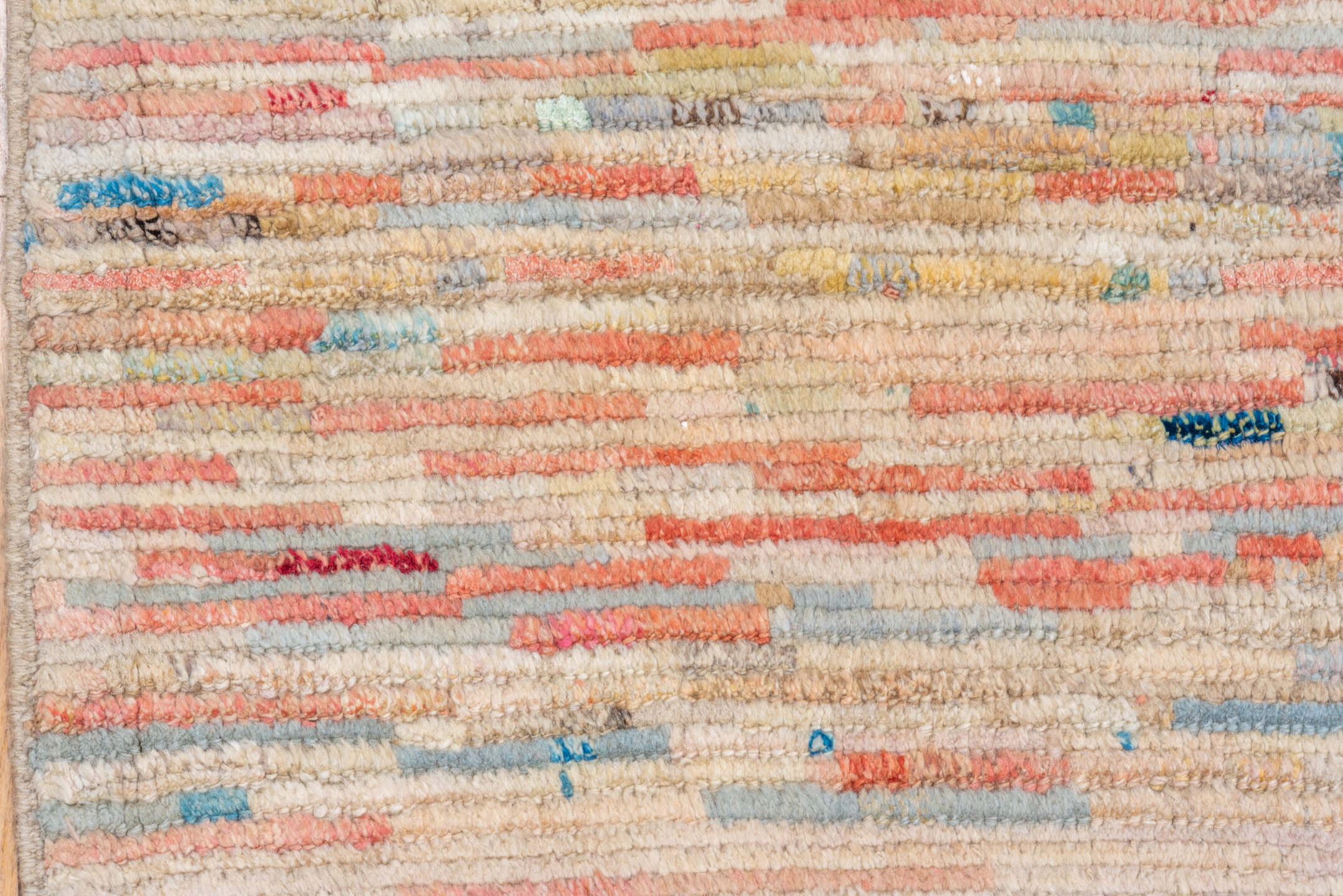 10' x 12' one-of-a-kind handmade vintage Tulu large size rug. Color palette: ivory, beige, coral, sky blue, taupe, brown