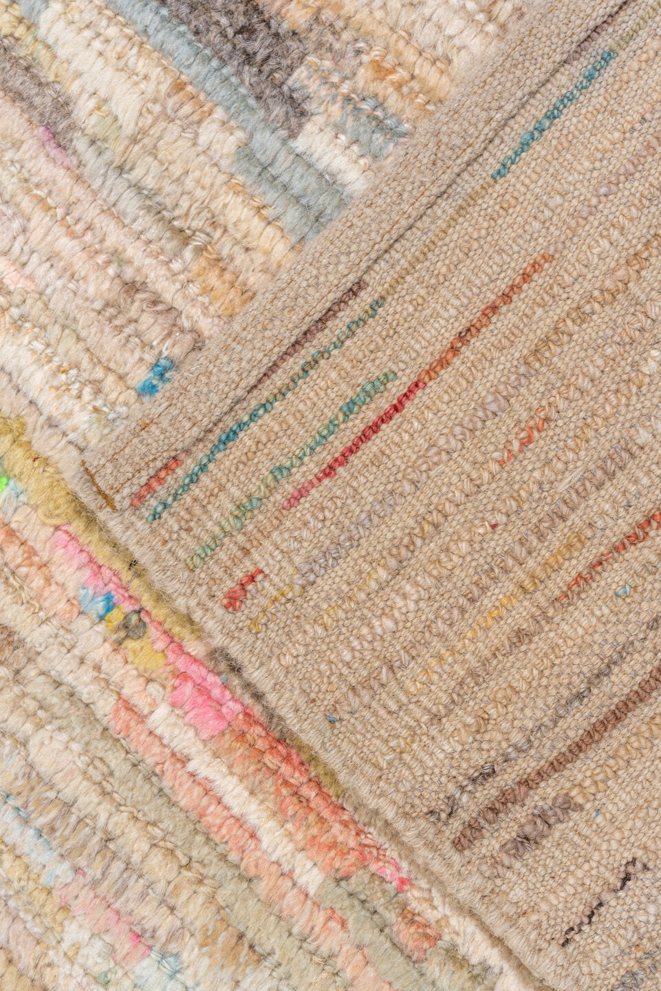 10' x 12' one-of-a-kind handmade vintage Tulu large size rug. Color palette: ivory, beige, coral, sky blue, taupe, brown