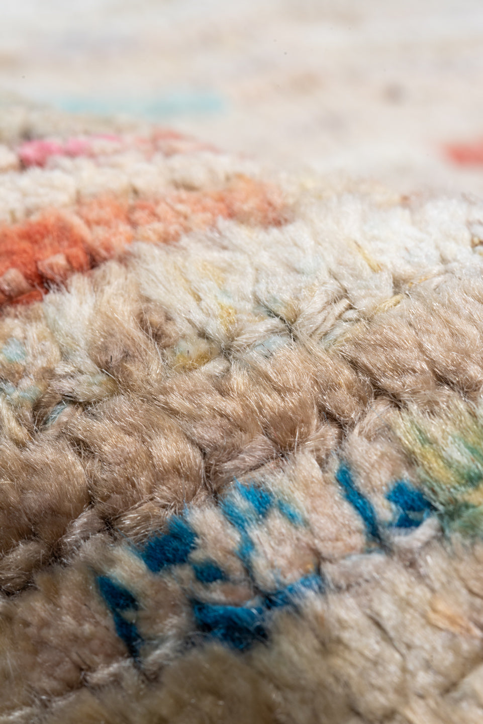 10' x 12' one-of-a-kind handmade vintage Tulu large size rug. Color palette: ivory, beige, coral, sky blue, taupe, brown