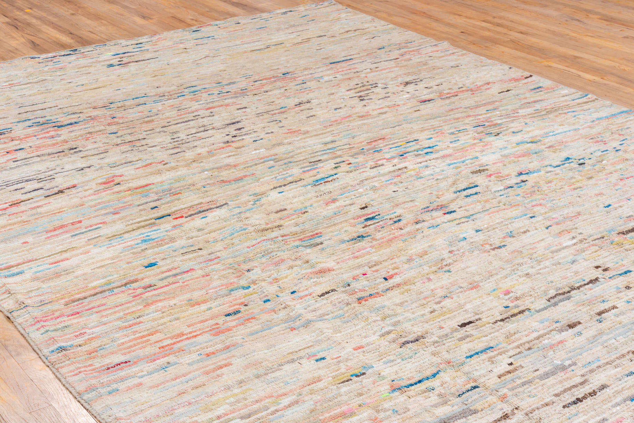 10' x 12' one-of-a-kind handmade vintage Tulu large size rug. Color palette: ivory, beige, coral, sky blue, taupe, brown