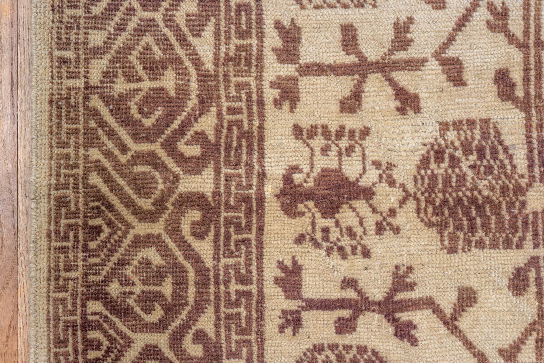 5' x 7' one-of-a-kind handmade vintage Tulu rug. Color palette: brown, gray, light gray, off-white, orange, pink