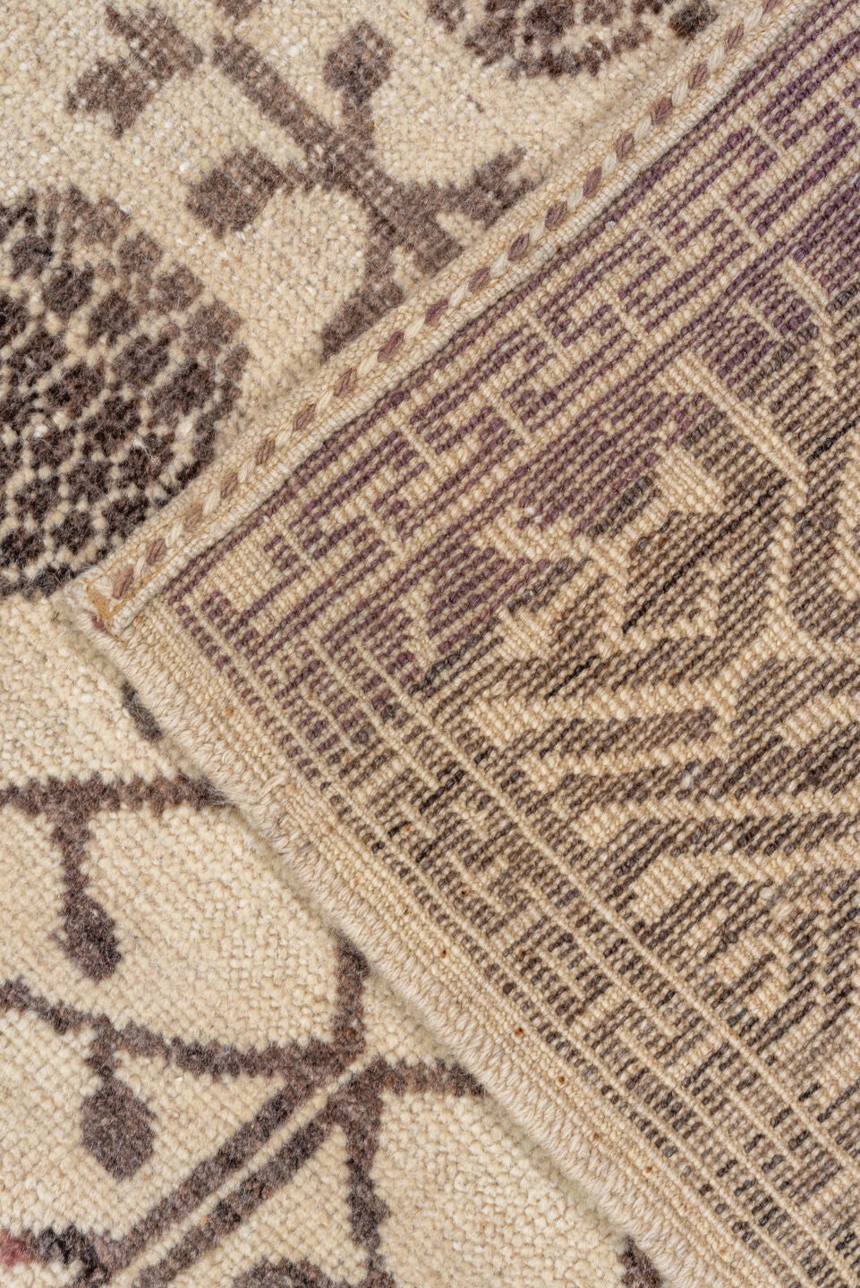 5' x 7' one-of-a-kind handmade vintage Tulu rug. Color palette: brown, gray, light gray, off-white, orange, pink