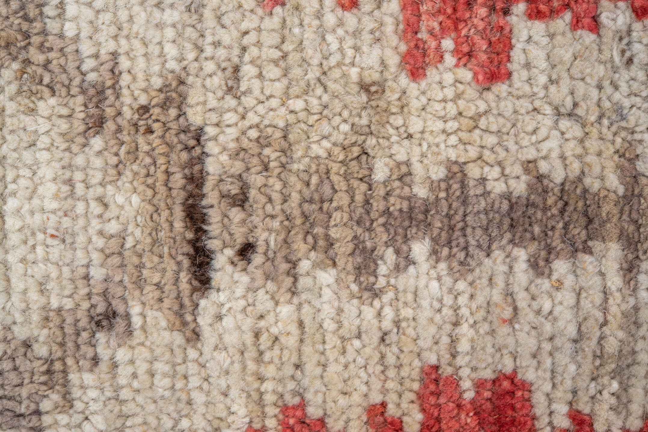 6' x 8' one-of-a-kind handmade vintage Tulu medium size rug. Color palette: ivory, taupe, coral, beige, gray, terracotta