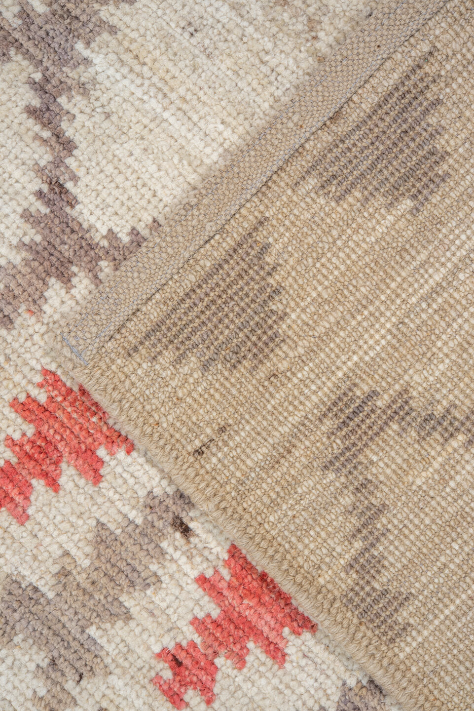 6' x 8' one-of-a-kind handmade vintage Tulu medium size rug. Color palette: ivory, taupe, coral, beige, gray, terracotta