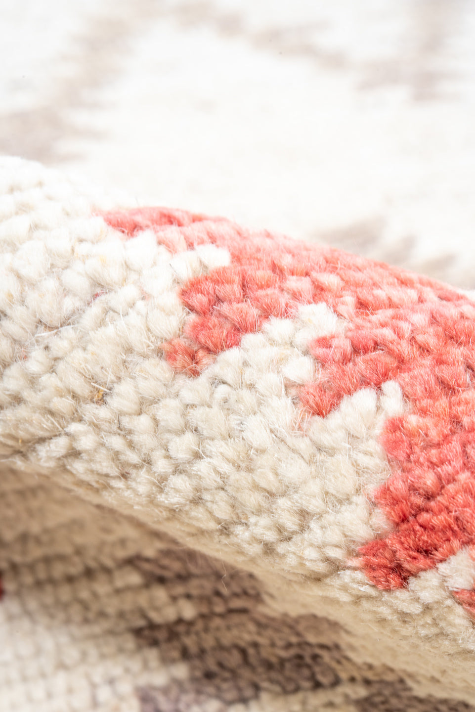 6' x 8' one-of-a-kind handmade vintage Tulu medium size rug. Color palette: brown, gray, light gray, linen, off-white, pink