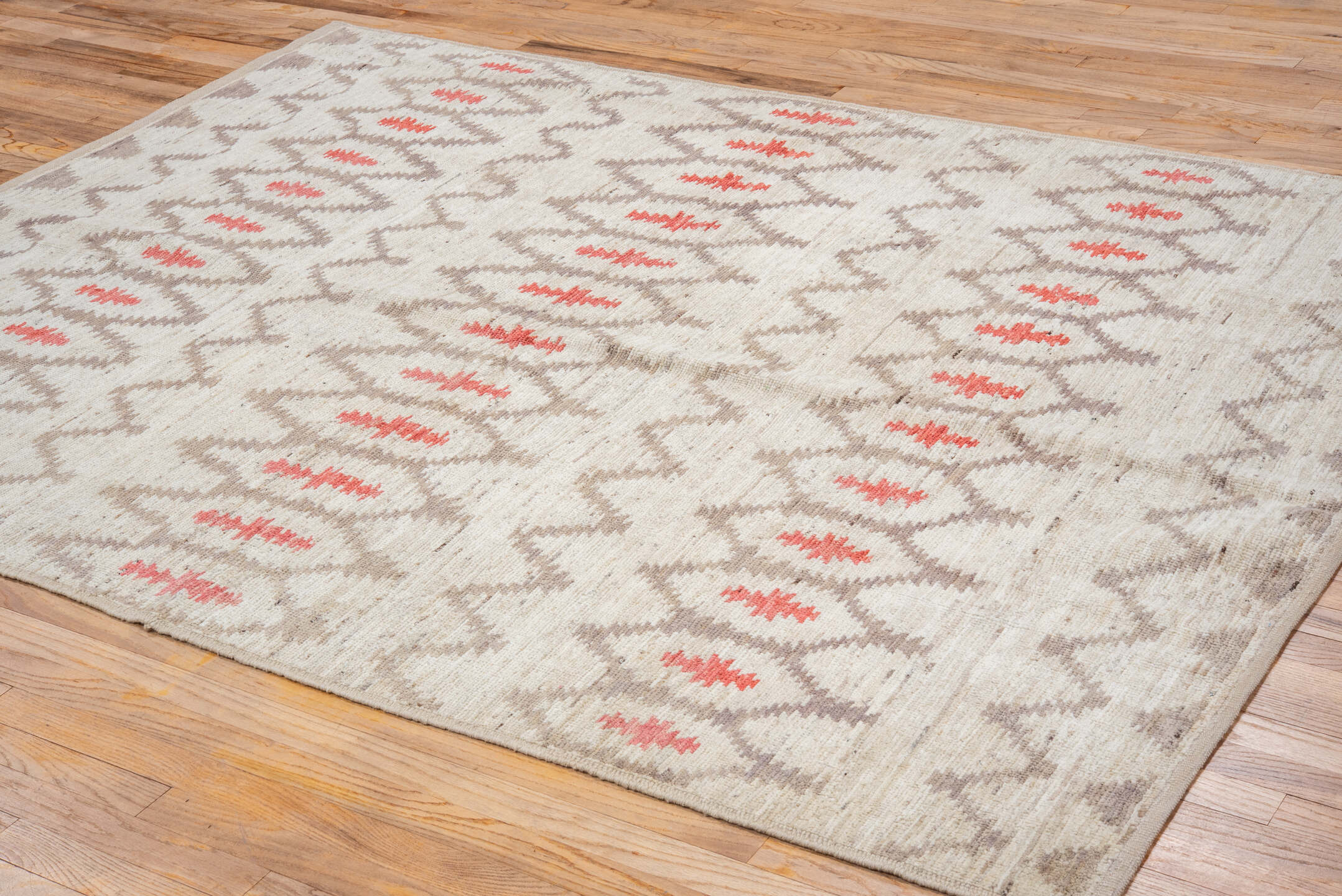 6' x 8' one-of-a-kind handmade vintage Tulu medium size rug. Color palette: ivory, taupe, coral, beige, gray, terracotta