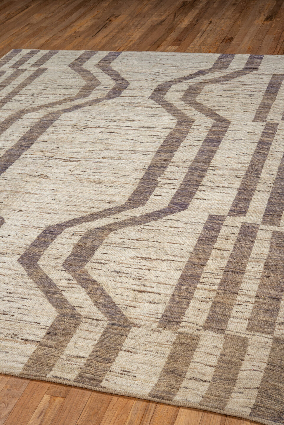 6' x 8' one-of-a-kind handmade vintage Tulu medium size rug. Color palette: ivory, taupe, brown, charcoal, beige, gray