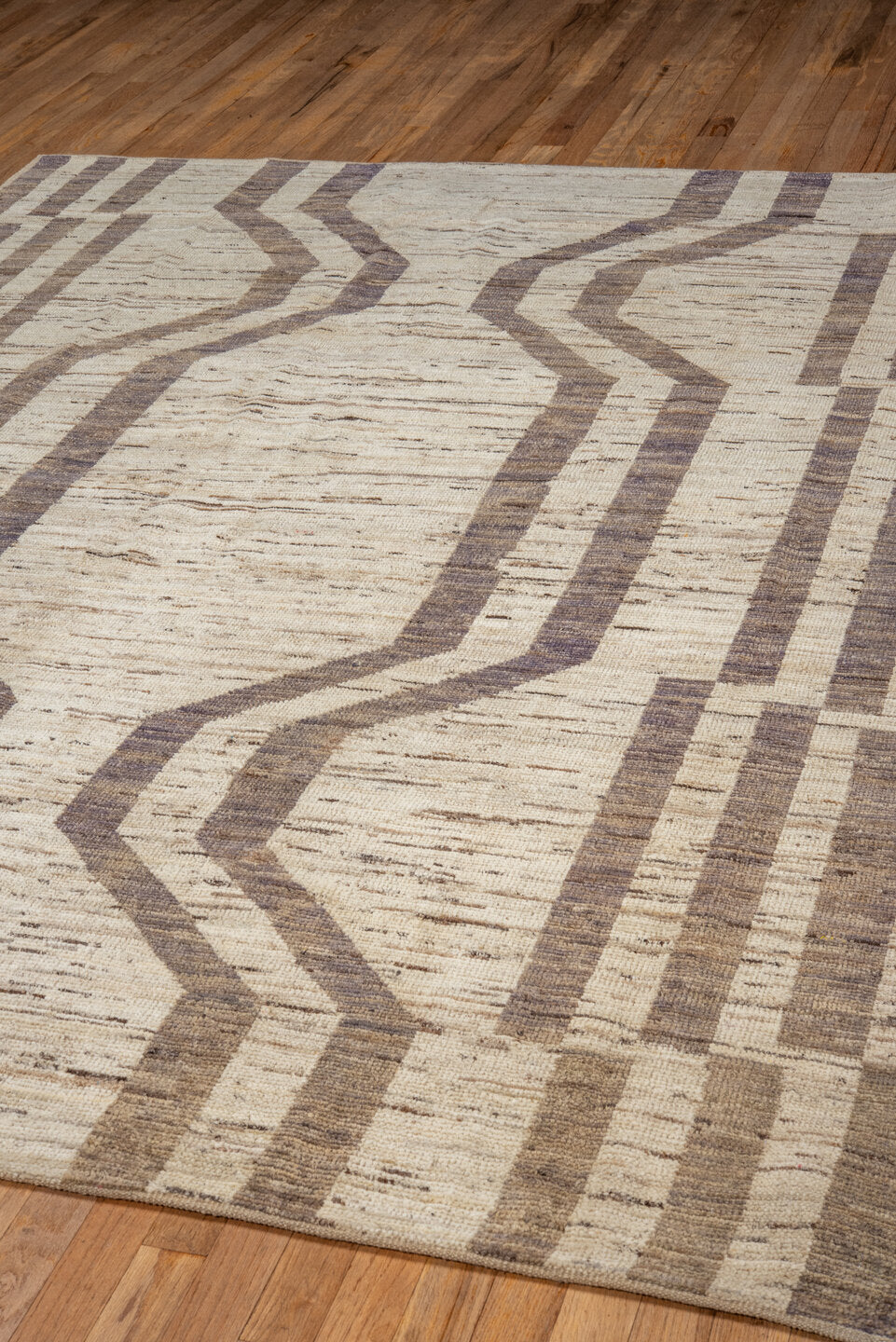 6' x 8' one-of-a-kind handmade vintage Tulu medium size rug. Color palette: brown, gray, light gray, off-white, pink