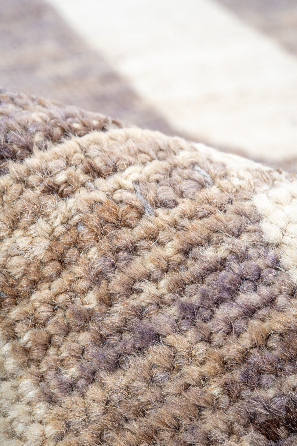 6' x 8' one-of-a-kind handmade vintage Tulu medium size rug. Color palette: brown, gray, light gray, off-white, pink