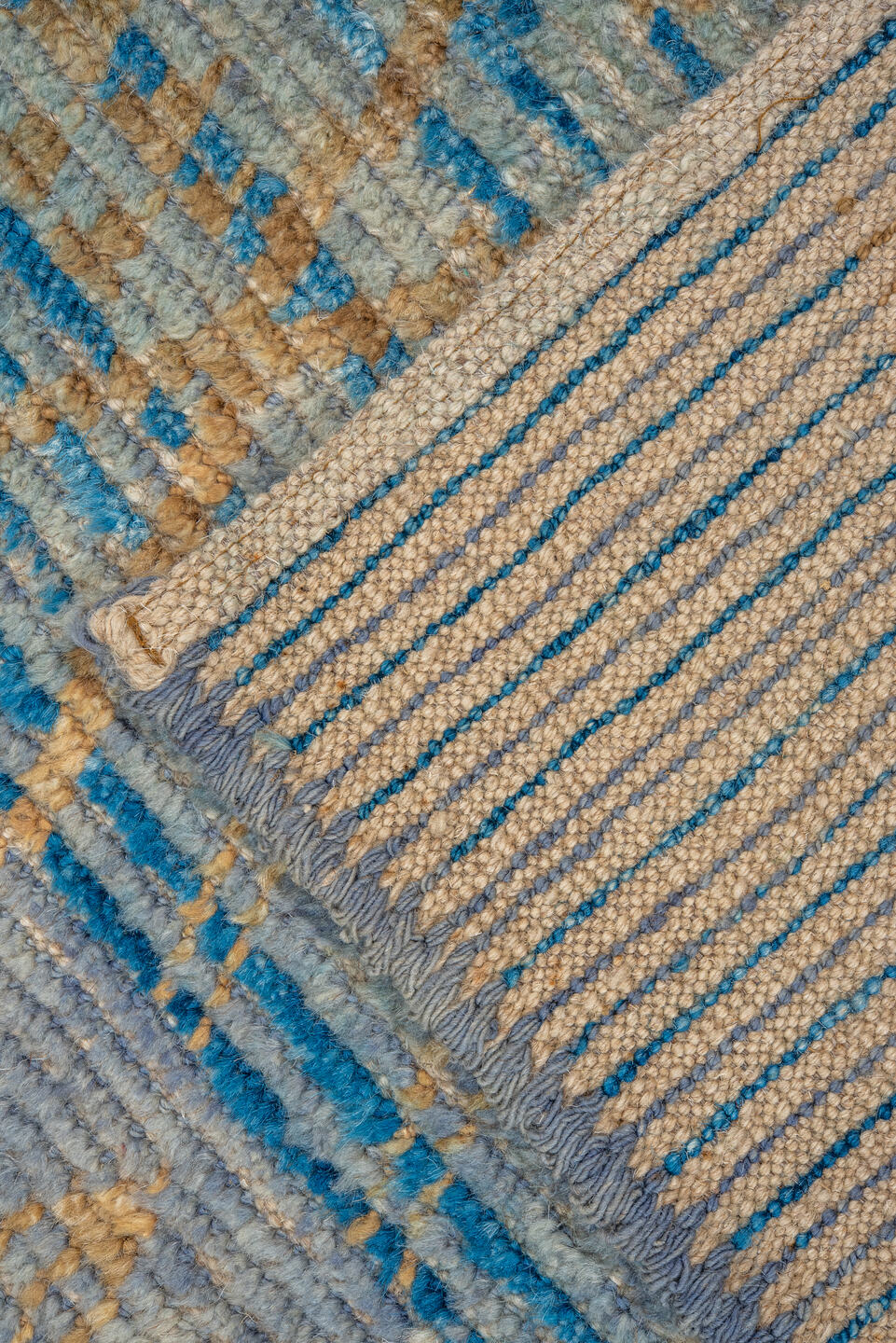 3' x 9' one-of-a-kind handmade vintage Tulu runner rug. Color palette: blue, brown, dark gray, gray, light blue, light gray