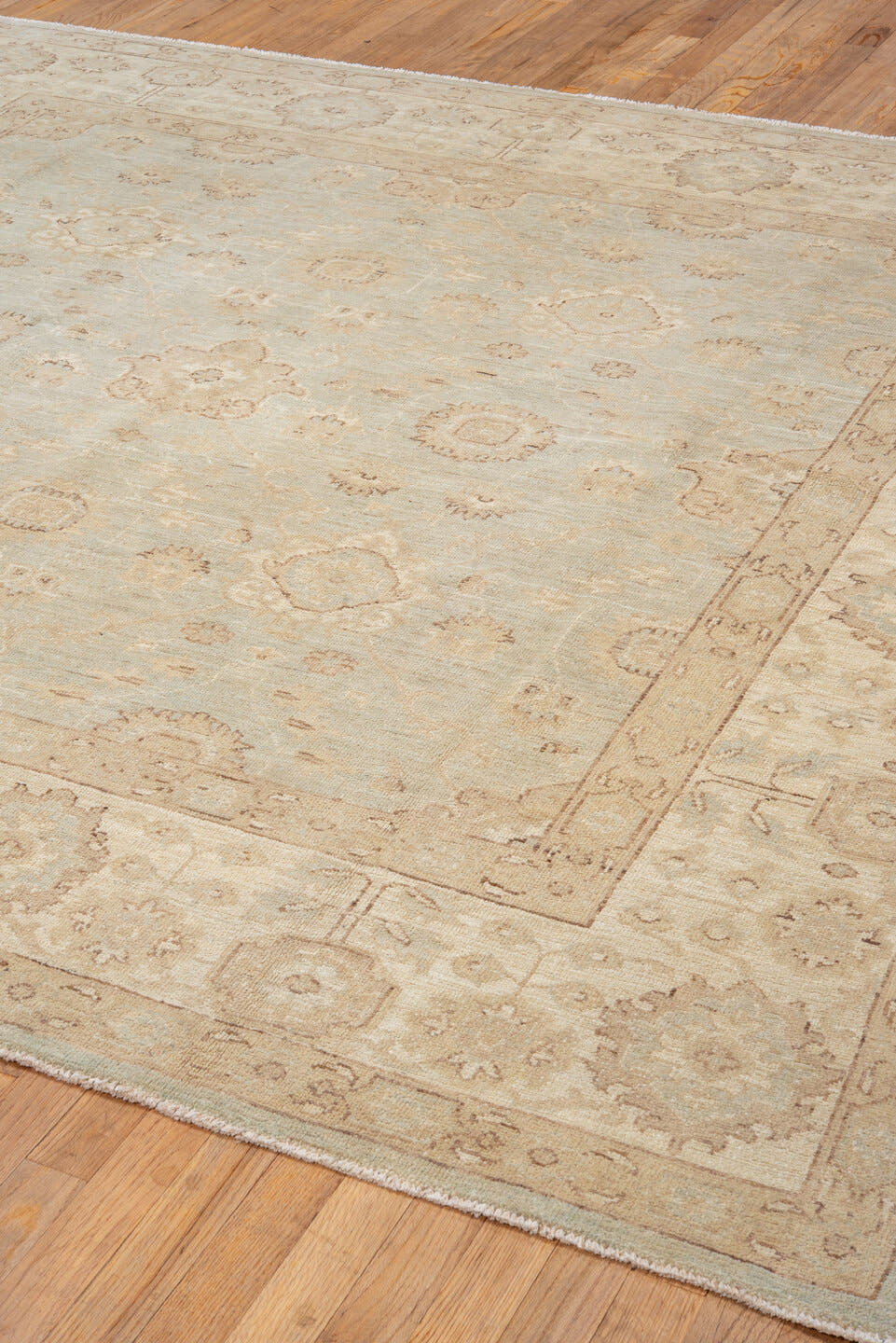 7' x 7' one-of-a-kind handmade vintage Sivas rug. Color palette: ivory, beige, taupe, camel, pale blue, cream, gray