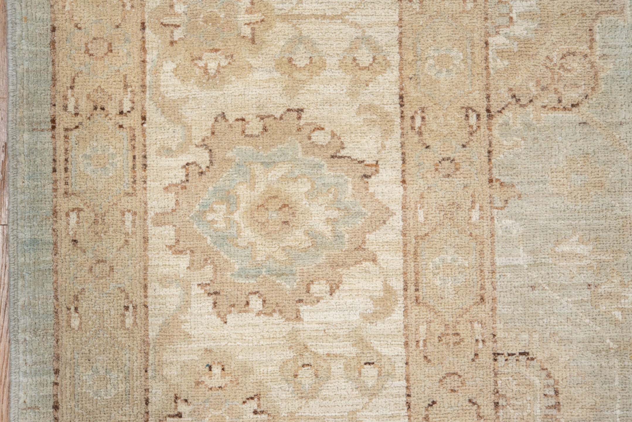 7' x 7' one-of-a-kind handmade vintage Sivas rug. Color palette: ivory, beige, taupe, camel, pale blue, cream, gray