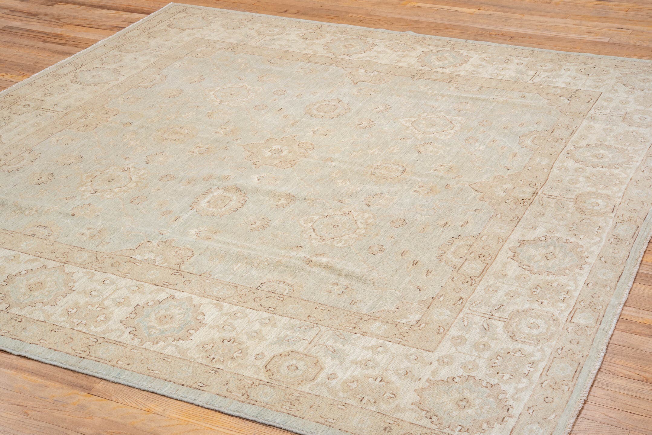 7' x 7' one-of-a-kind handmade vintage Sivas rug. Color palette: ivory, beige, taupe, camel, pale blue, cream, gray