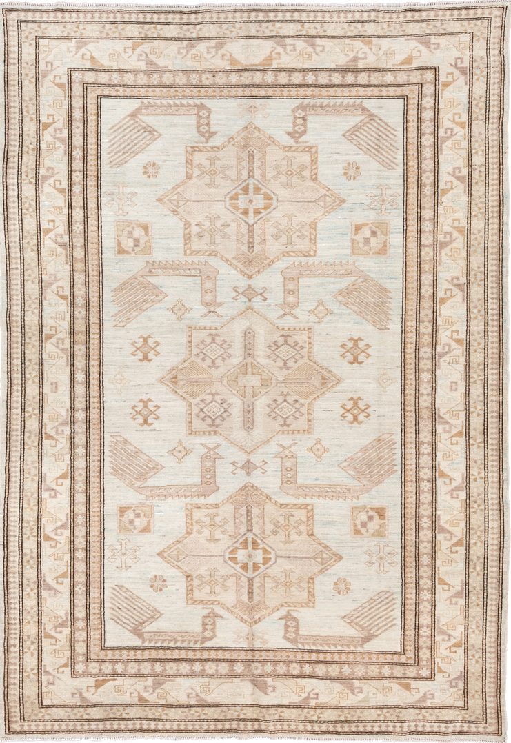 5' x 8' one-of-a-kind handmade vintage Sivas medium size rug. Color palette: antiquewhite, brown, gray, light gray, linen