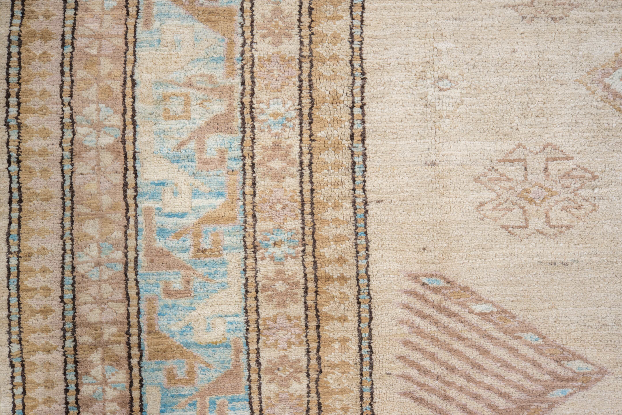 6' x 8' one-of-a-kind handmade vintage Sivas medium size rug. Color palette: ivory, beige, sky blue, taupe, camel, brown