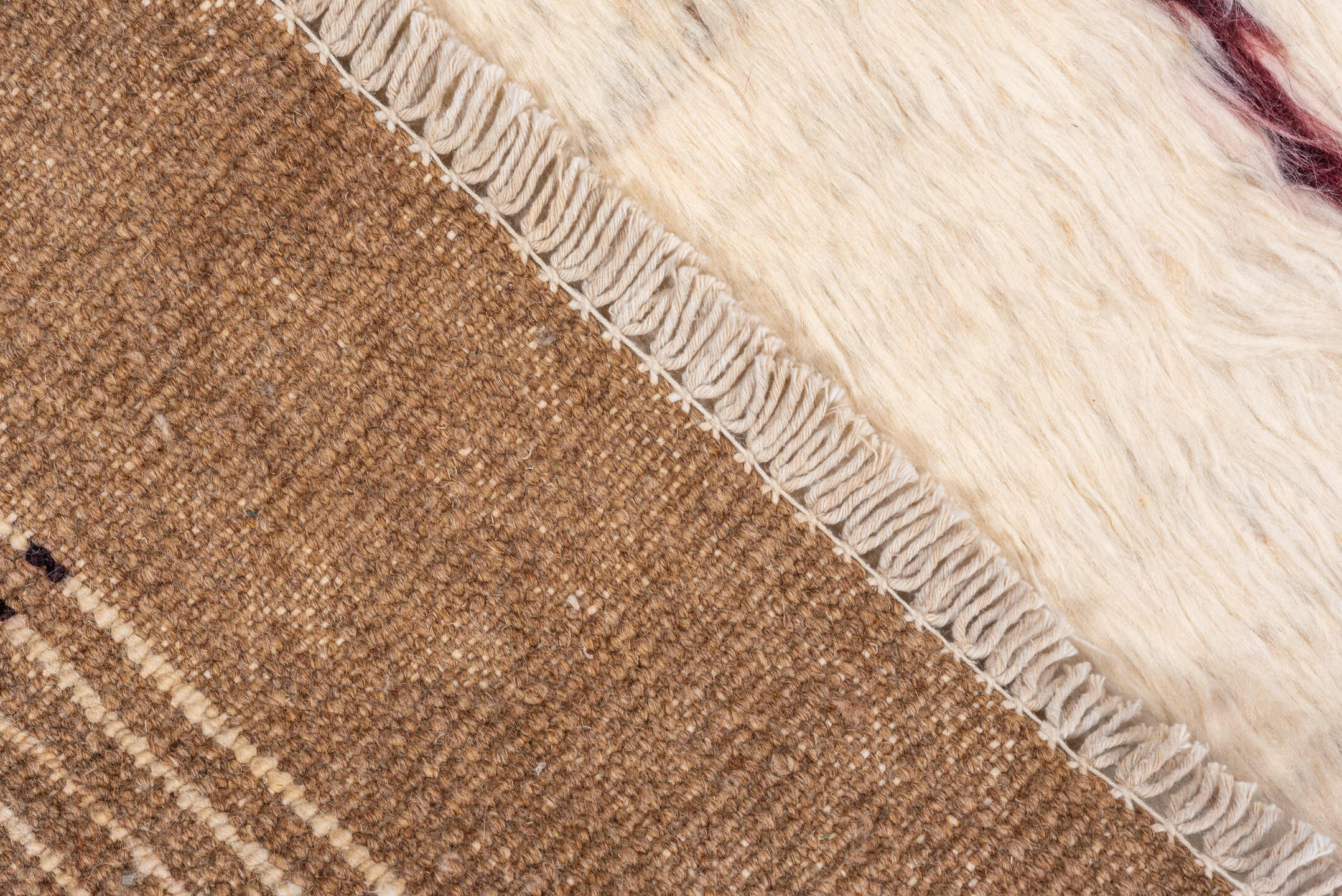5' x 6' one-of-a-kind handmade vintage Moroccan rug. Color palette: ivory, camel, burgundy, cream, beige