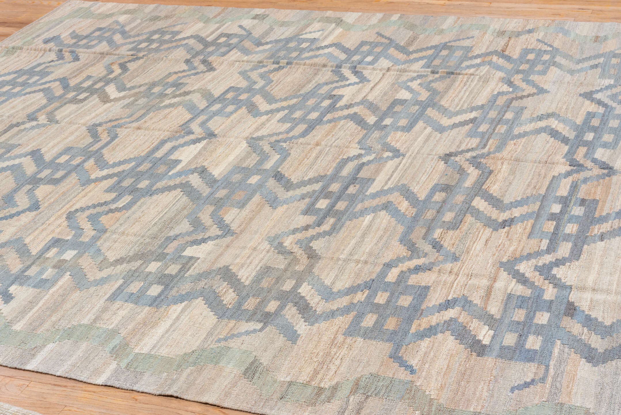 9' x 11' one-of-a-kind handmade vintage Kilim large size rug. Color palette: ivory, beige, pale blue, sage, taupe