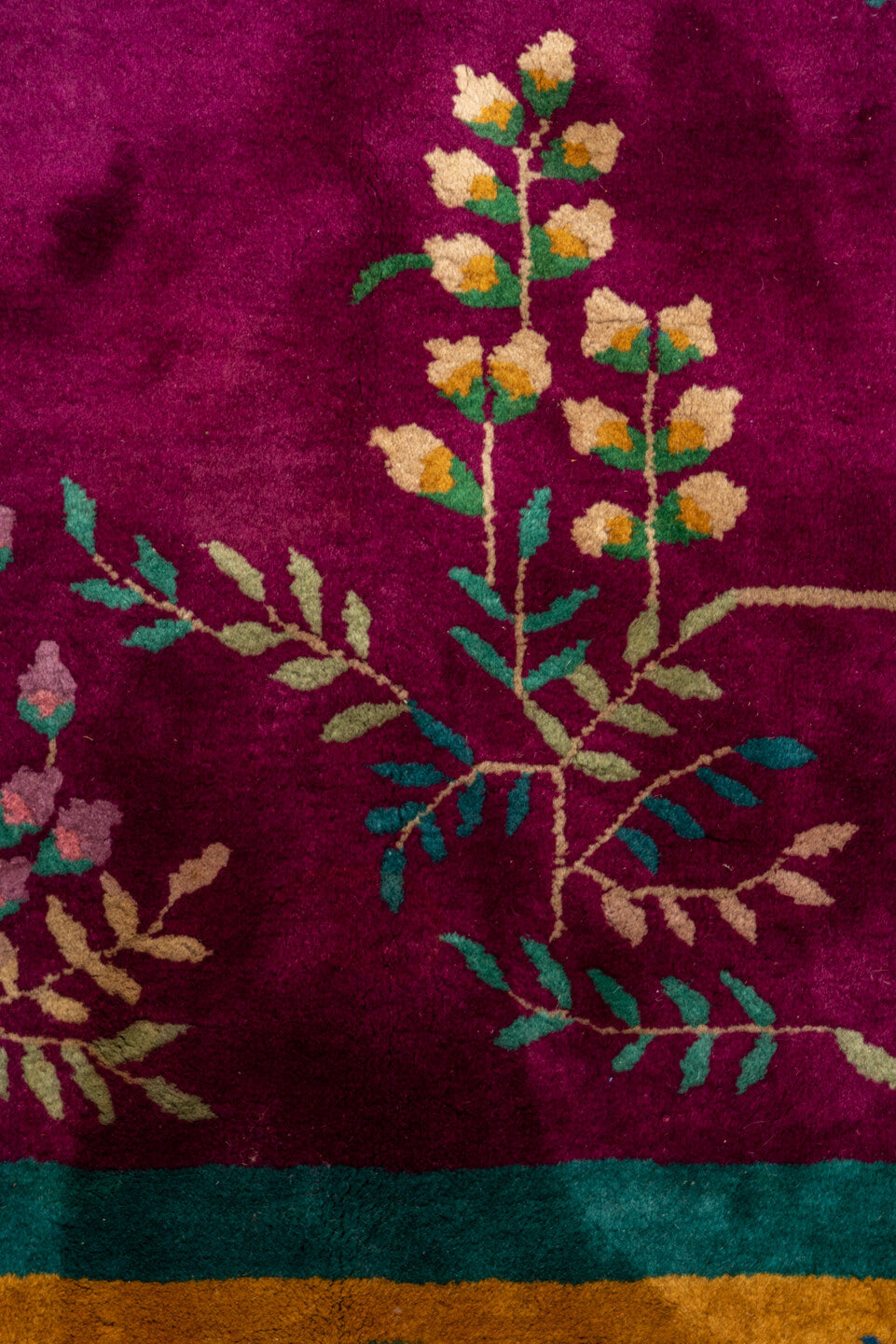 7' x 9' one-of-a-kind handmade vintage Chinese rug. Color palette: magenta, gold, turquoise, pink, teal, ivory, blue, green