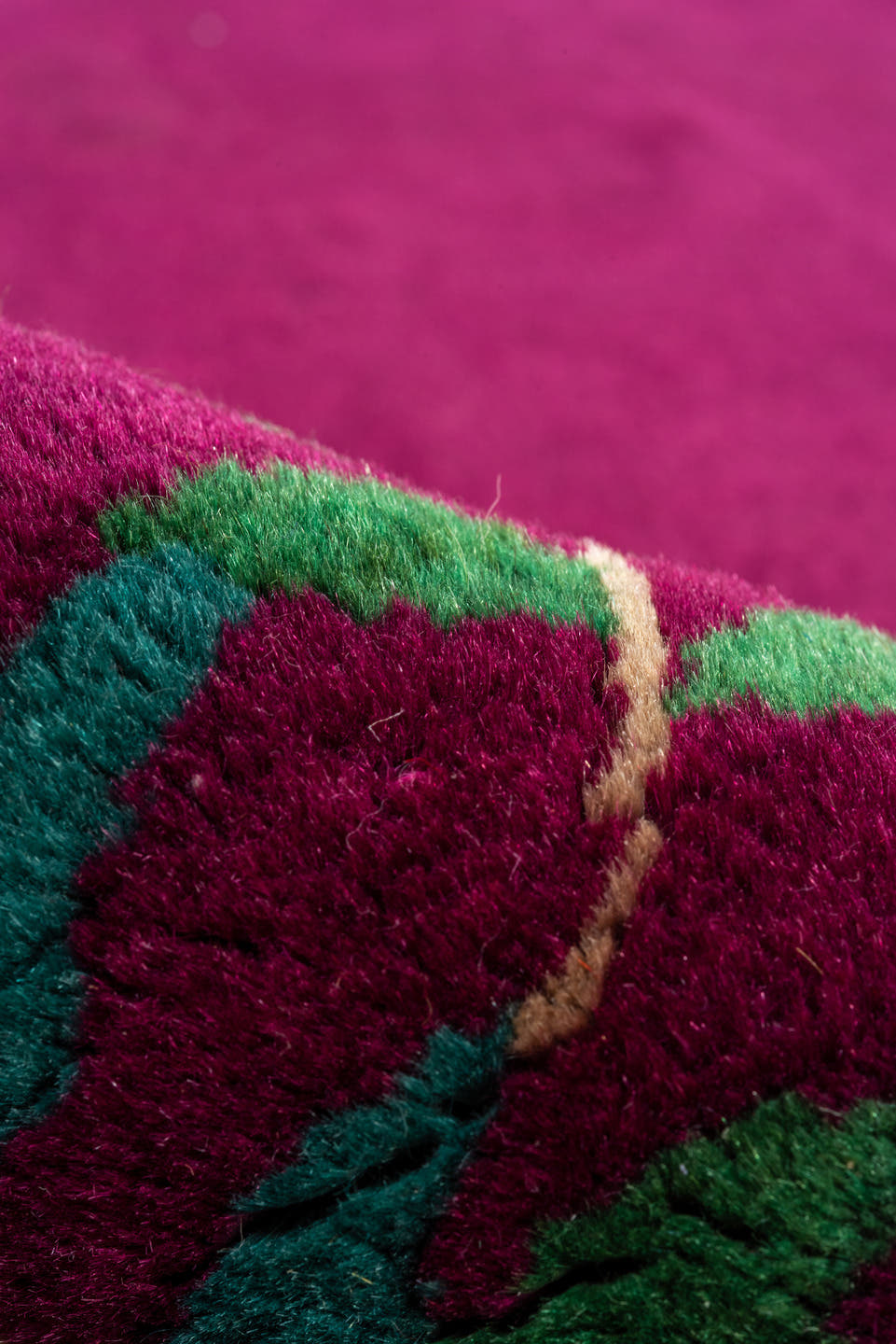 7' x 9' one-of-a-kind handmade vintage Chinese rug. Color palette: magenta, gold, turquoise, pink, teal, ivory, blue, green