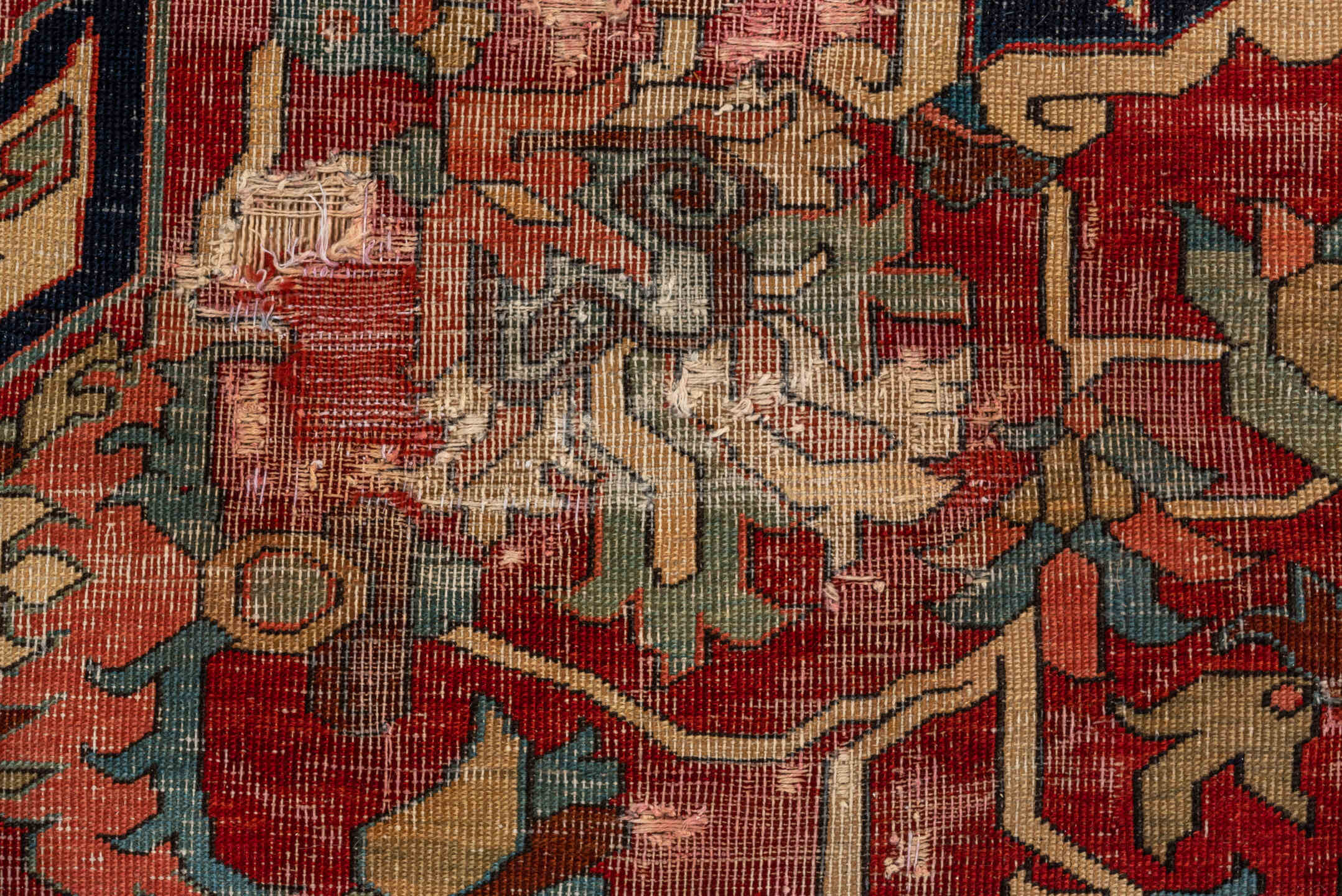 12' x 16' one-of-a-kind handmade vintage Serapi oversize rug. Color palette: red, navy, ivory, rust, sky blue, sage, camel