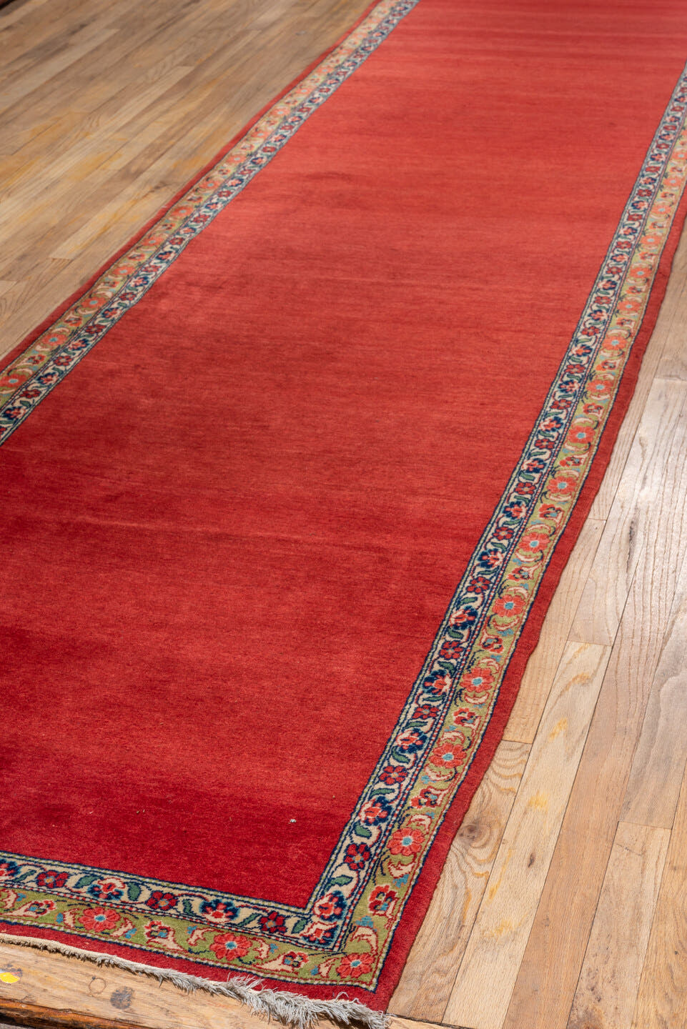 3' x 28' one-of-a-kind handmade vintage Kashan runner rug. Color palette: red, crimson, rose, ivory, navy, sage, gold, pink