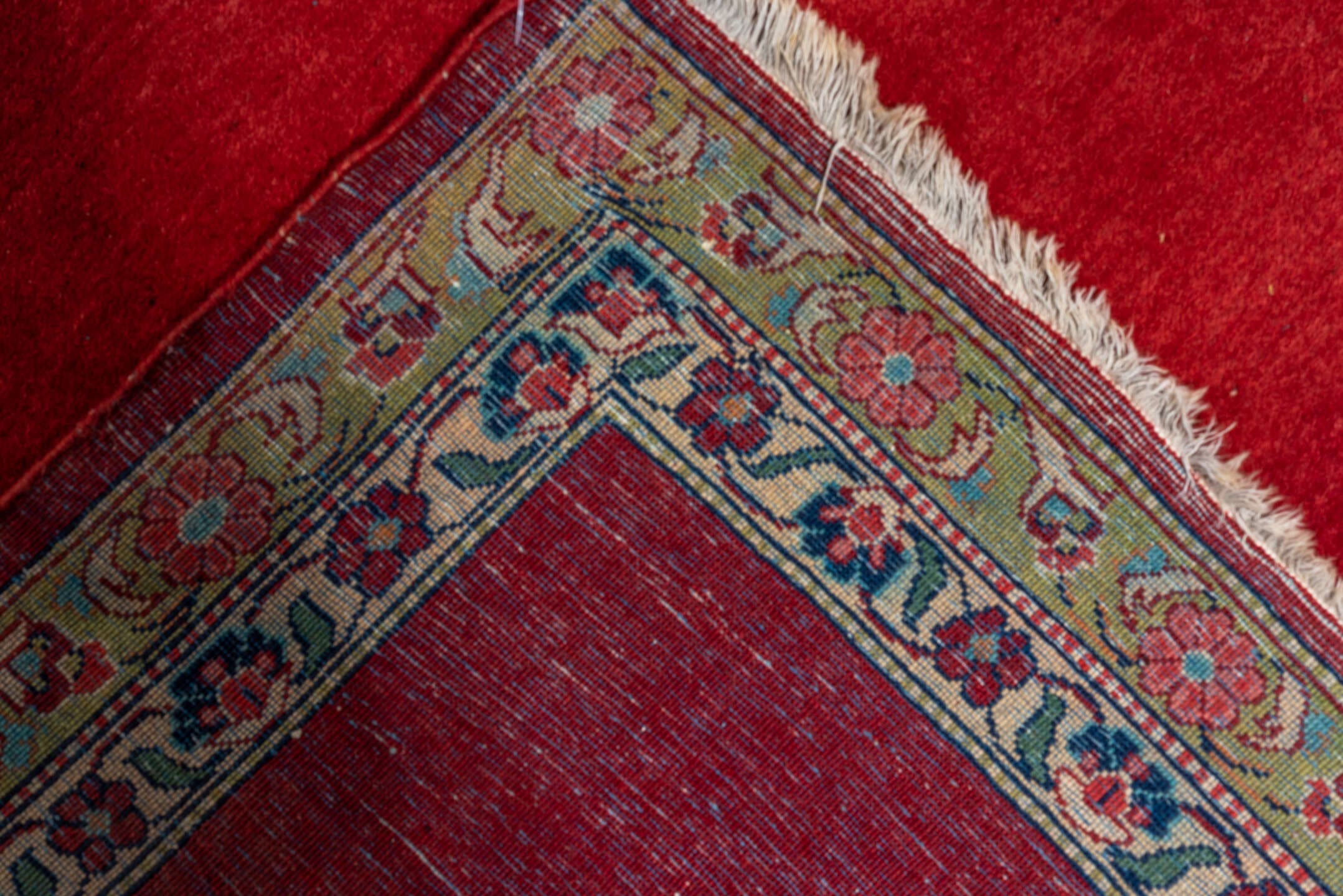 3' x 28' one-of-a-kind handmade vintage Kashan runner rug. Color palette: red, crimson, rose, ivory, navy, sage, gold, pink