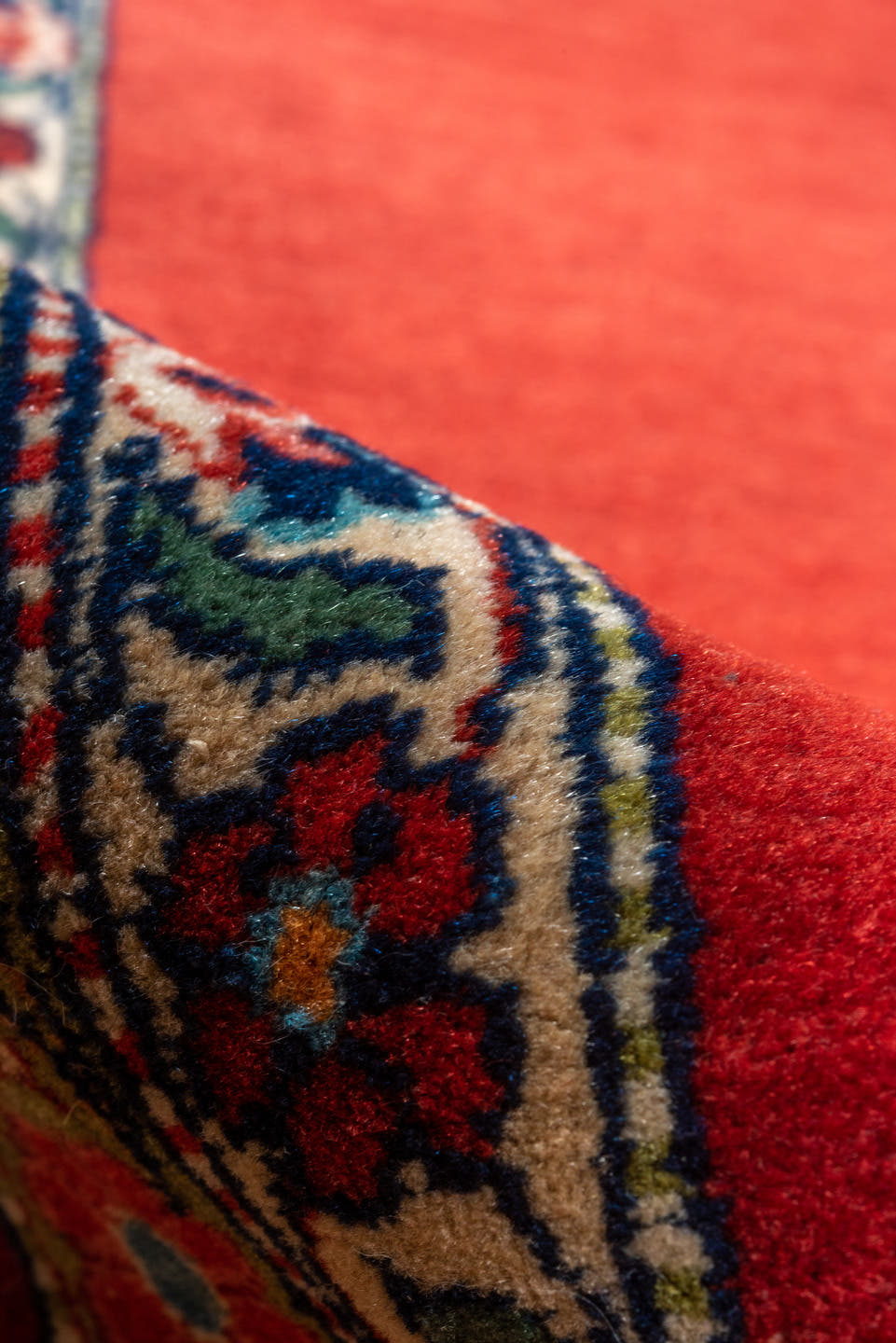 3' x 28' one-of-a-kind handmade vintage Kashan runner rug. Color palette: red, crimson, rose, ivory, navy, sage, gold, pink
