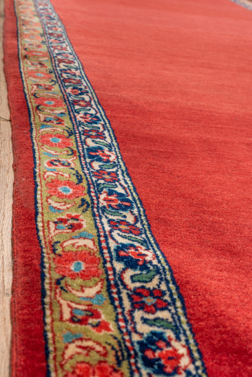 3' x 28' one-of-a-kind handmade vintage Kashan runner rug. Color palette: red, crimson, rose, ivory, navy, sage, gold, pink