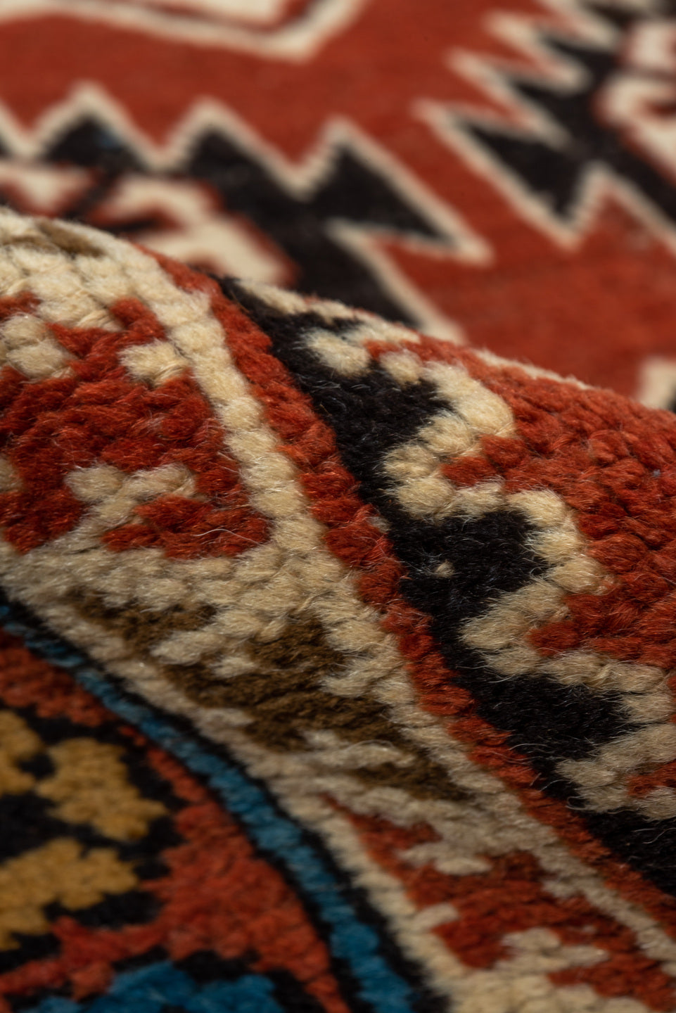 3' x 4' one-of-a-kind handmade vintage Shirvan small size rug. Color palette: rust, camel, ivory, black, sky blue