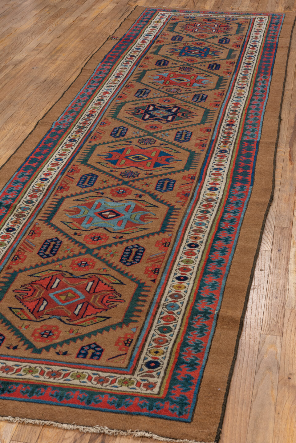 3' x 12' one-of-a-kind handmade vintage Cam Hamadan runner rug. Color palette: camel, navy, rust, ivory, red, sky_blue, teal