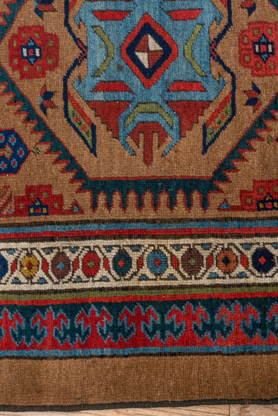 3' x 12' one-of-a-kind handmade vintage Cam Hamadan runner rug. Color palette: camel, navy, rust, ivory, red, sky_blue, teal