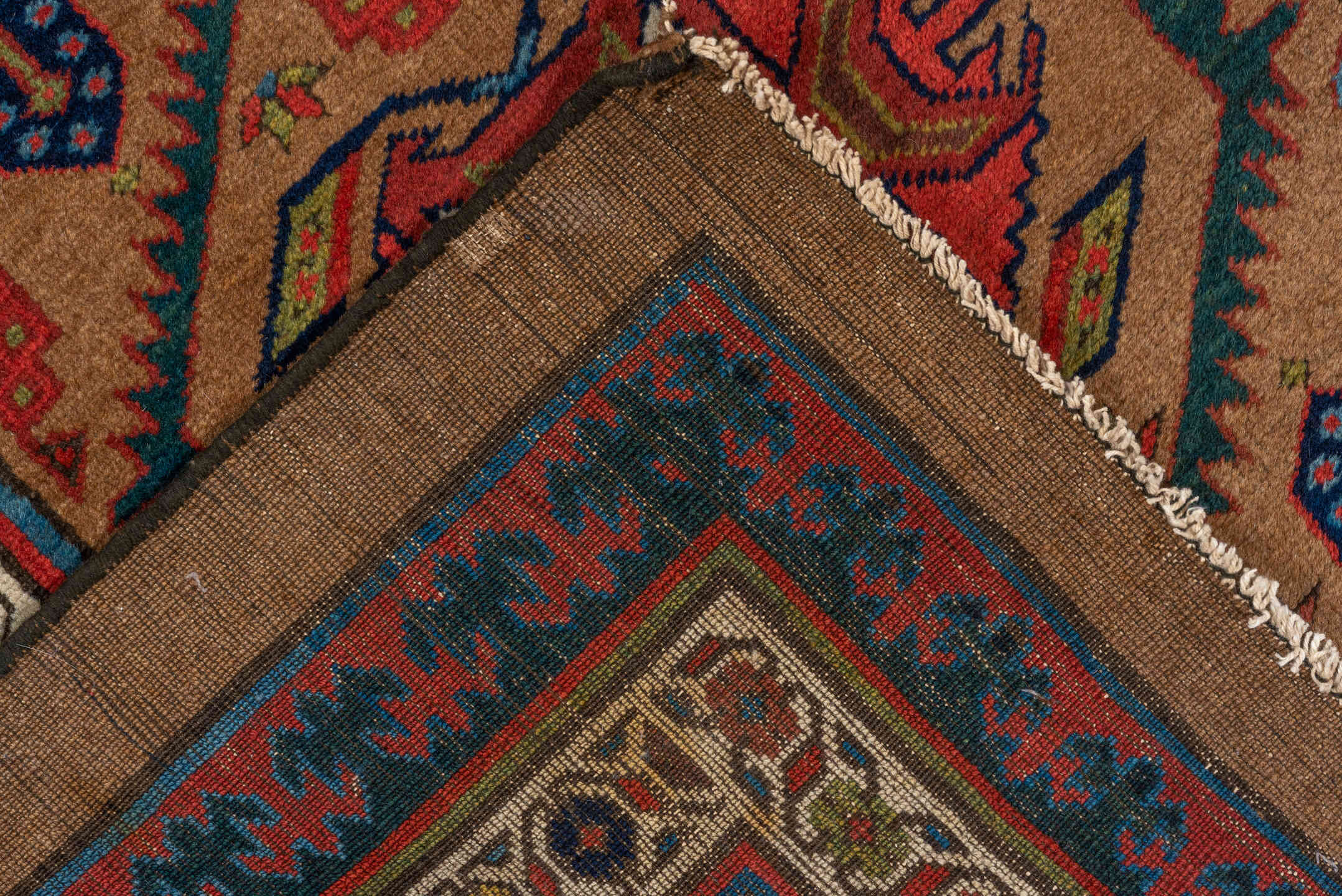 3' x 12' one-of-a-kind handmade vintage Cam Hamadan runner rug. Color palette: camel, navy, rust, ivory, red, sky_blue, teal