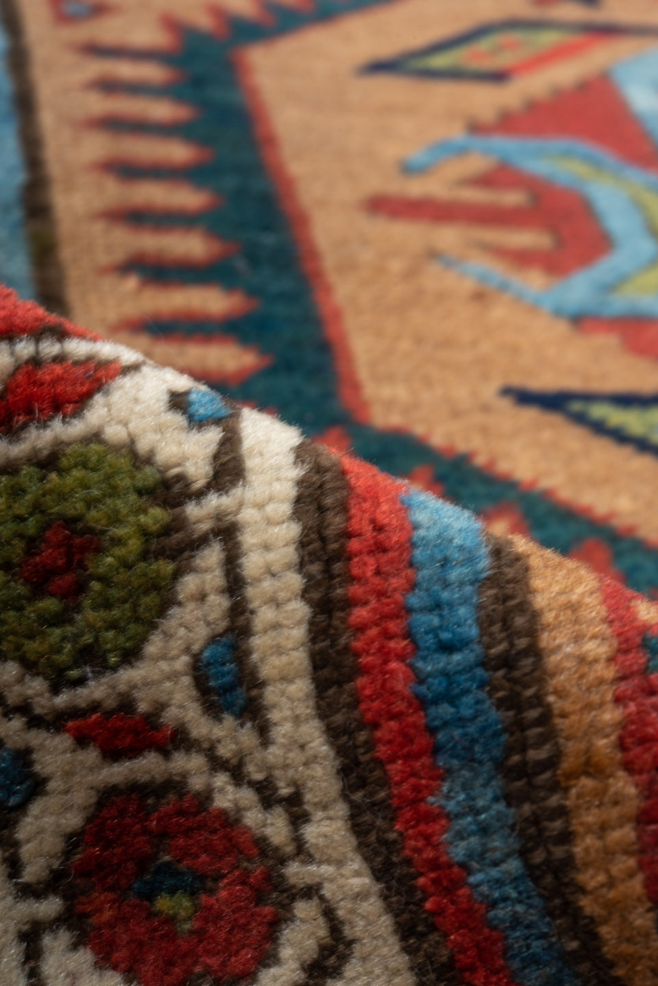 3' x 12' one-of-a-kind handmade vintage Cam Hamadan runner rug. Color palette: camel, navy, rust, ivory, red, sky_blue, teal