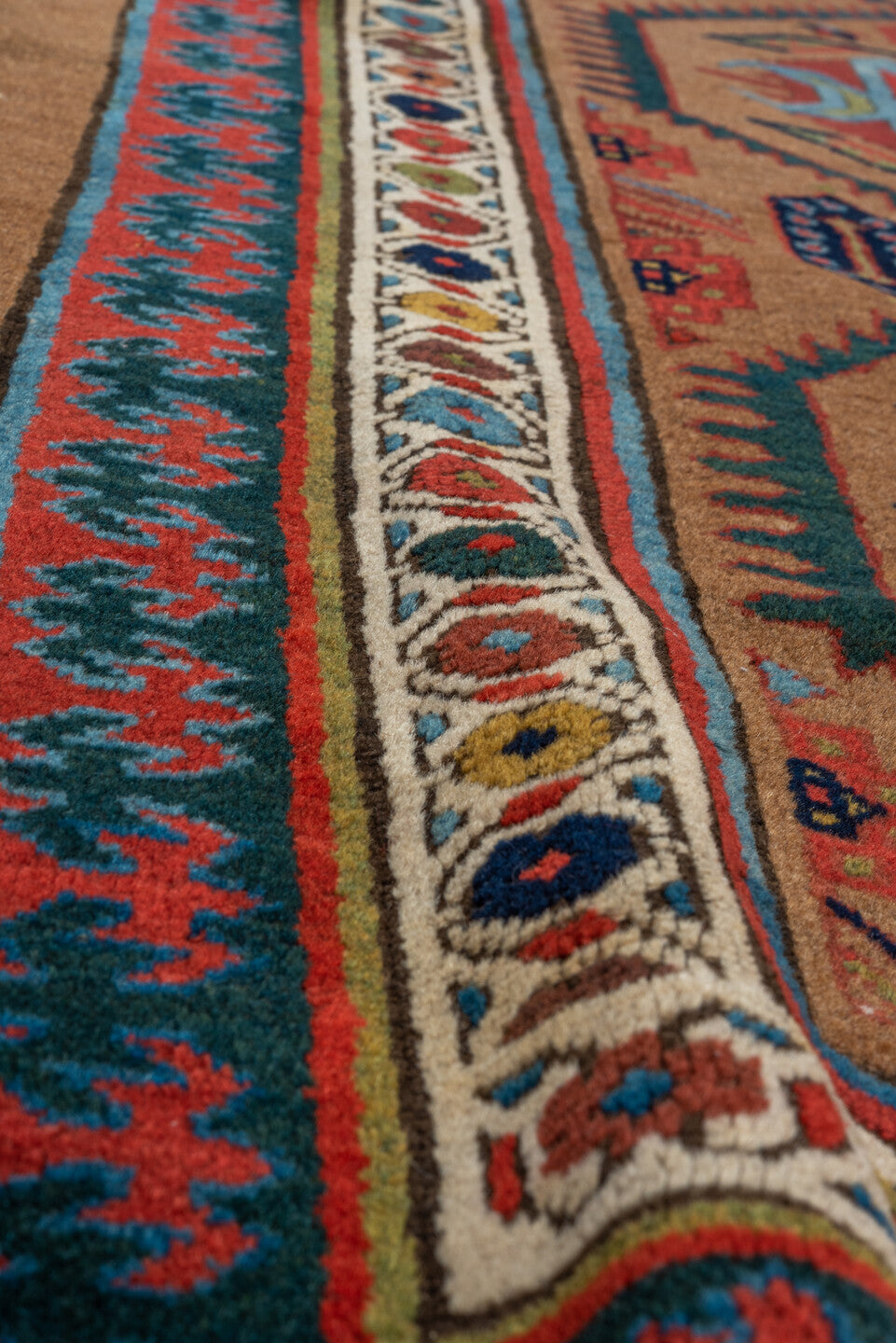 3' x 12' one-of-a-kind handmade vintage Cam Hamadan runner rug. Color palette: camel, navy, rust, ivory, red, sky_blue, teal