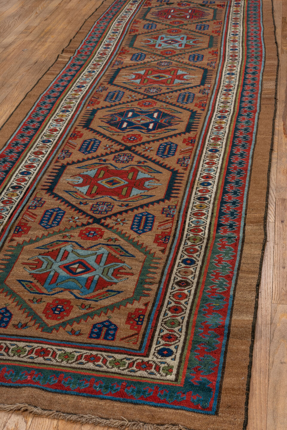 3' x 12' one-of-a-kind handmade vintage Cam Hamadan runner rug. Color palette: camel, red, ivory, navy, turquoise, brown