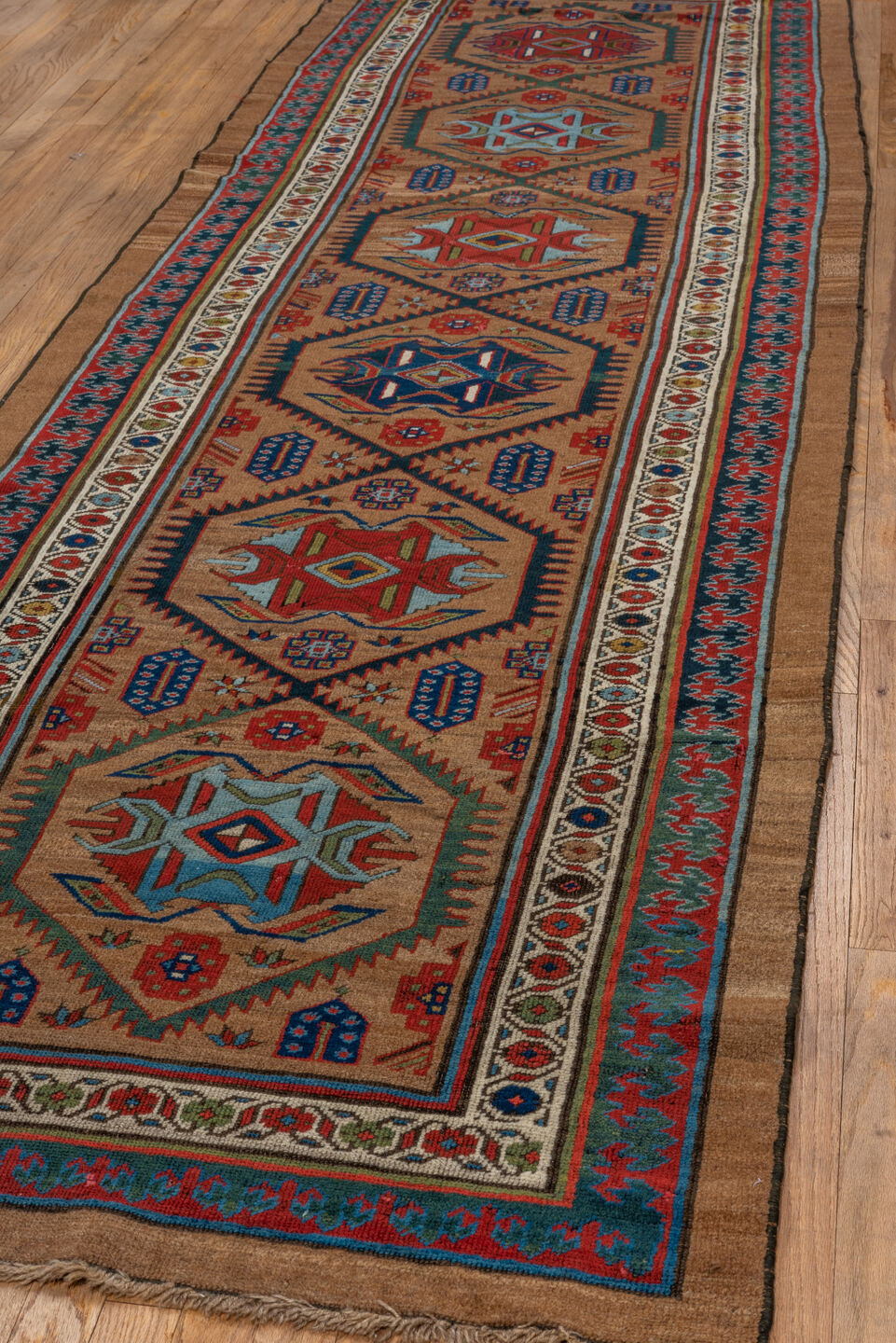 3' x 12' one-of-a-kind handmade vintage Cam Hamadan runner rug. Color palette: camel, red, ivory, navy, turquoise, brown