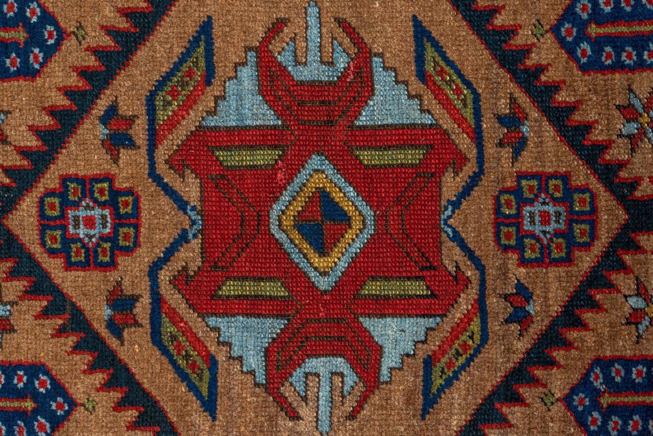 3' x 12' one-of-a-kind handmade vintage Cam Hamadan runner rug. Color palette: camel, red, ivory, navy, turquoise, brown
