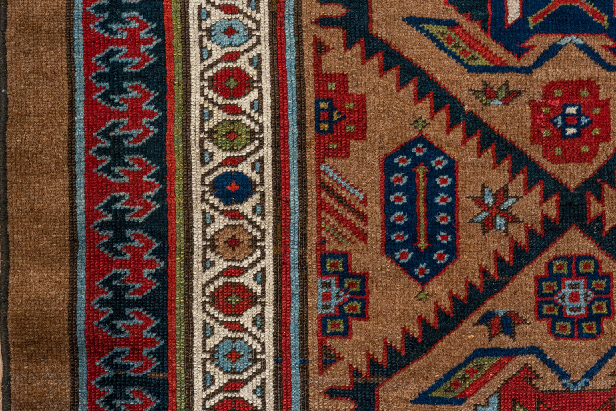 3' x 12' one-of-a-kind handmade vintage Cam Hamadan runner rug. Color palette: camel, red, ivory, navy, turquoise, brown