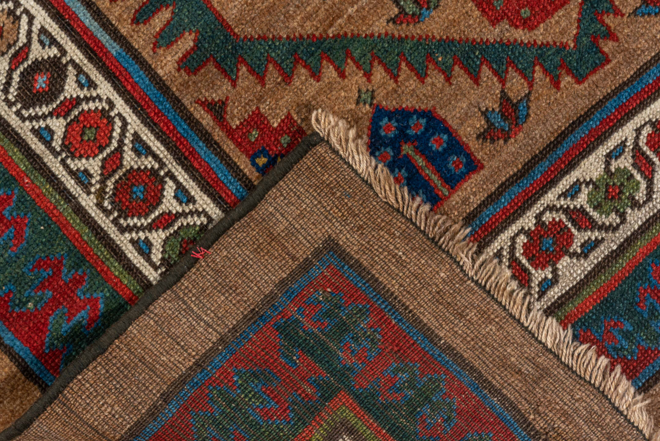 3' x 12' one-of-a-kind handmade vintage Cam Hamadan runner rug. Color palette: camel, red, ivory, navy, turquoise, brown