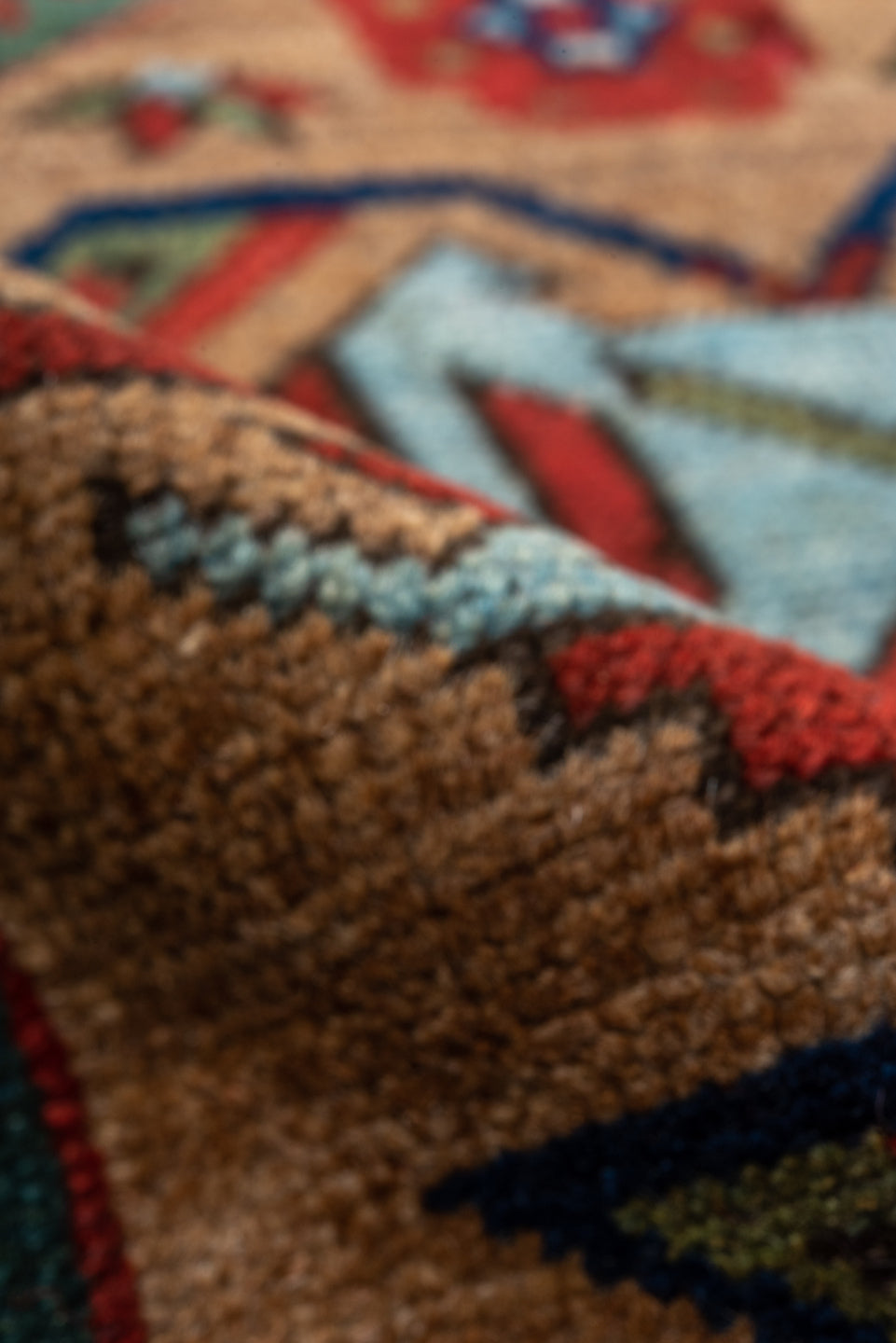 3' x 12' one-of-a-kind handmade vintage Cam Hamadan runner rug. Color palette: camel, red, ivory, navy, turquoise, brown