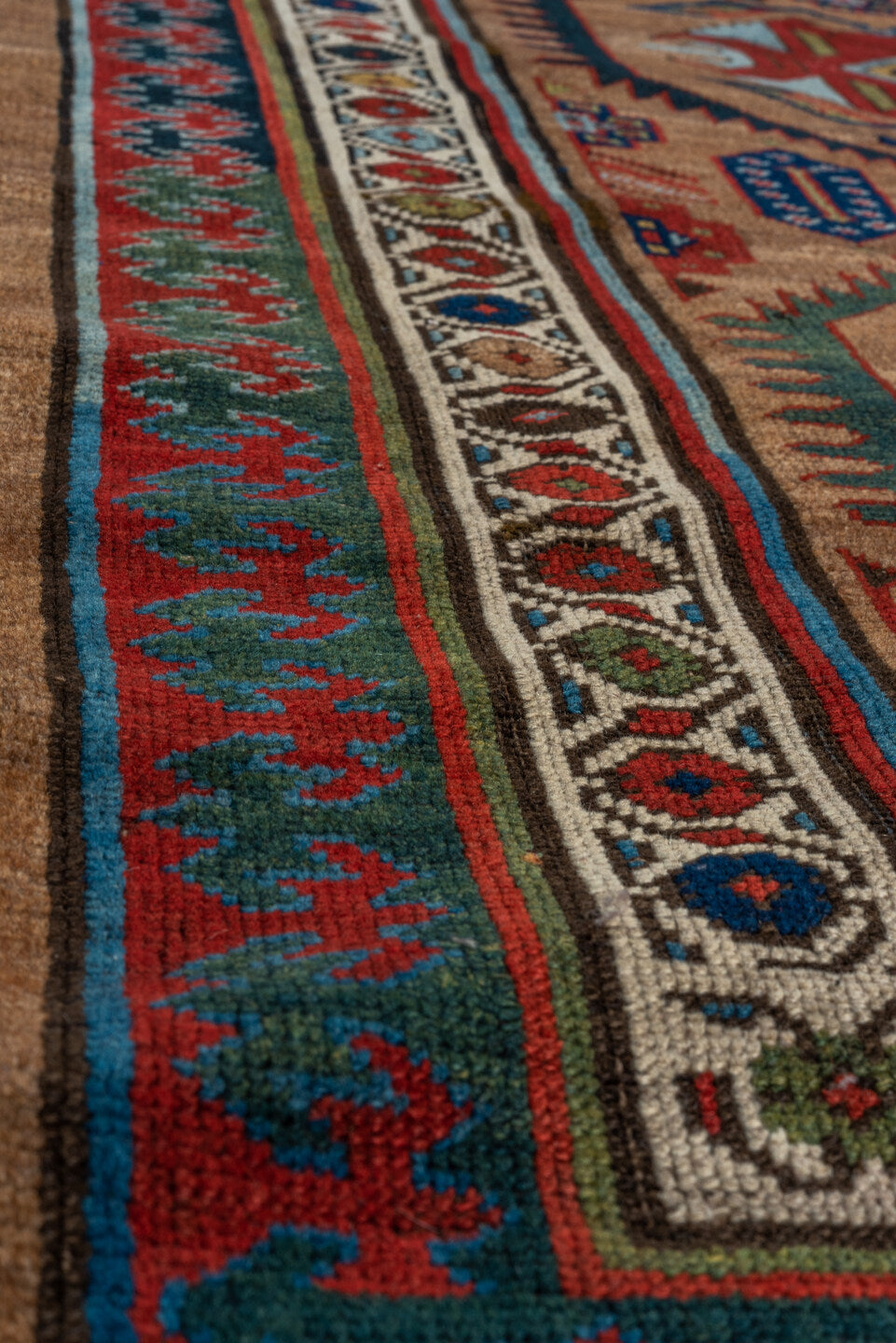 3' x 12' one-of-a-kind handmade vintage Cam Hamadan runner rug. Color palette: camel, red, ivory, navy, turquoise, brown
