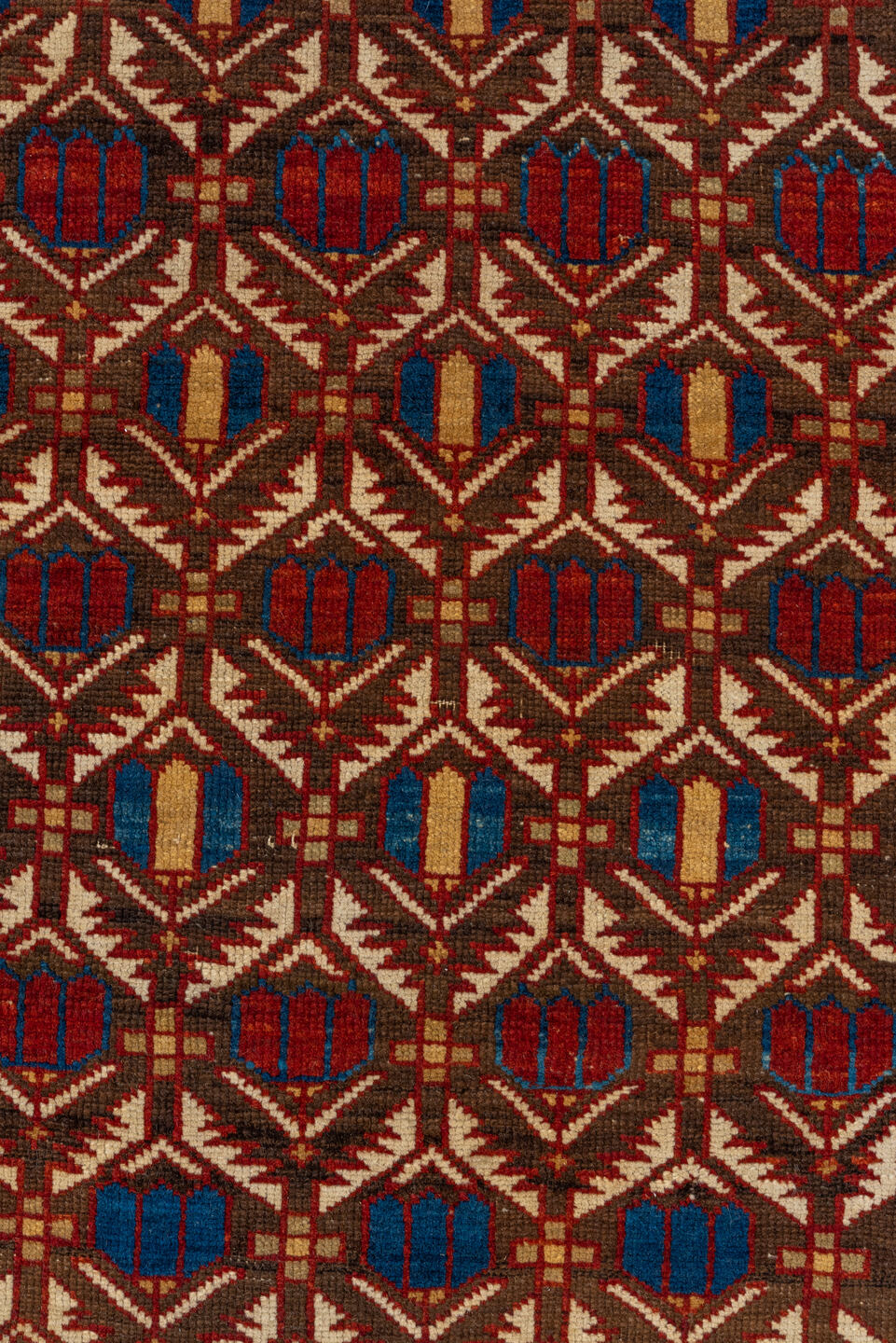 3' x 5' one-of-a-kind handmade vintage Shirvan small size rug. Color palette: blue, brown, dark gray, dark red, gray