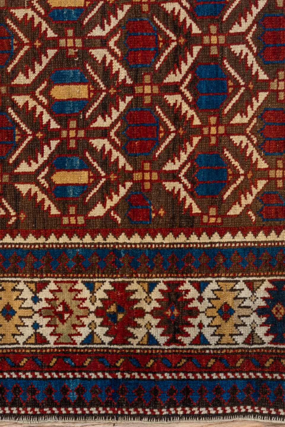3' x 5' one-of-a-kind handmade vintage Shirvan small size rug. Color palette: blue, brown, dark gray, dark red, gray